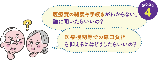 困りごと４　医療費の制度や手続きがわからない。誰に聞いたらいいの？ 医療機関等での窓口負担を抑えるにはどうしたらいいの？